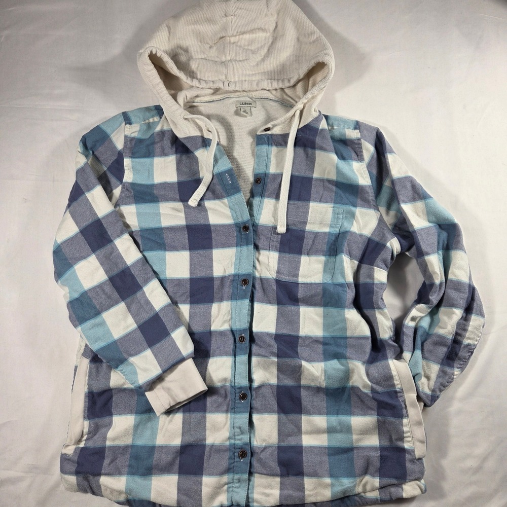 LL Bean Blue Plaid Flannel Hooded Shirt Jacket Thermal Lined Large